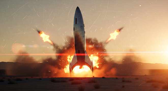 a powerful rocket launch unexpectedly explodes in a dusty desert at sunset depicting a catastrophic mission failure during the golden hour