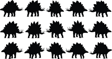 Collection of stegosaurus silhouette illustration, dinosaur artwork, prehistoric animal design concept, black and white Jurassic vector template set © Md