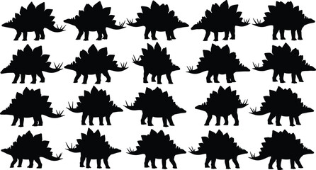 Collection of stegosaurus silhouette illustration, dinosaur artwork, prehistoric animal design concept, black and white Jurassic vector template set © Md