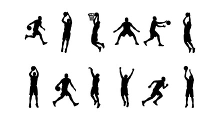 Fototapeta premium Basketball player silhouettes set, 12 athlete icons, sports action vector graphics
