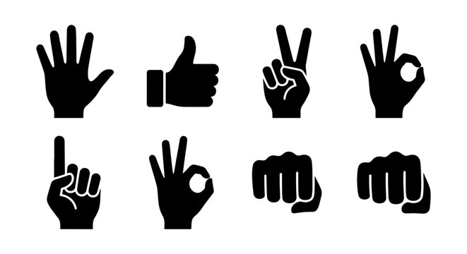 Black hand gestures icon set, 8 human hand silhouettes, finger signs vector collection