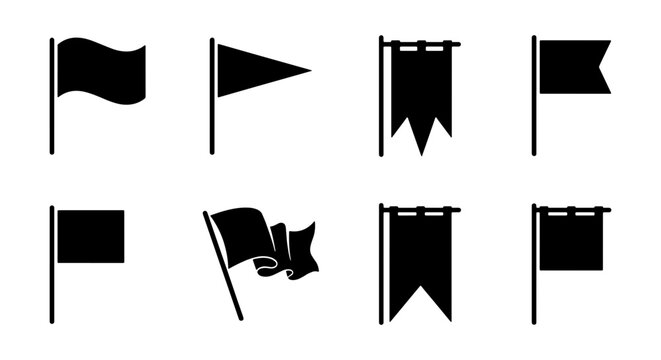 Black flag icon set, 8 minimalist pennant silhouettes, waving banner vector collection
