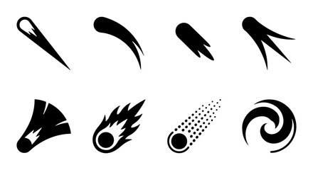 Black comet icons set, falling meteor silhouettes, 8 space asteroid vector elements © Rakib
