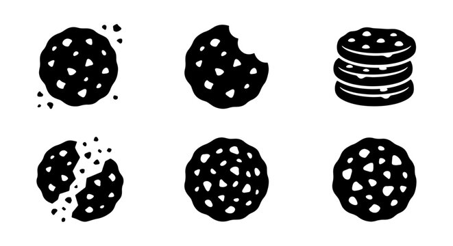 Chocolate chip cookie icons, black biscuit vector set, sweet snack food symbols