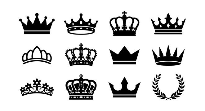 Royal crown silhouettes, 12 heraldic king and queen icons, black tiara vector set