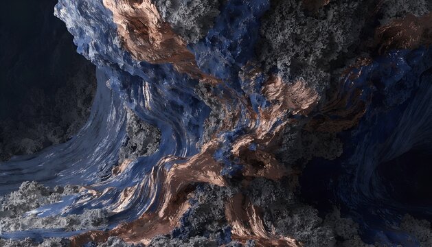An abstract of molten lapis lazuli and dark iron ore swirling together