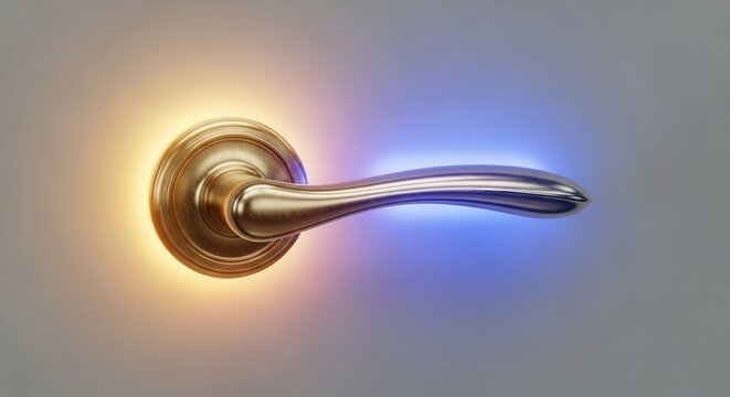 Glowing doorknob illuminating a threshold with contrasting warm and cool light representing choice
