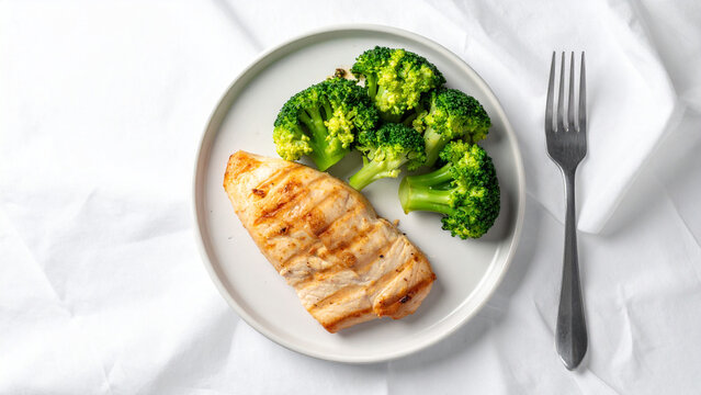 low calorie healthy meal on plate, diet concept, minimal composition, white background