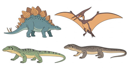 Collection of prehistoric animals including dinosaurs and a flying reptile. © na