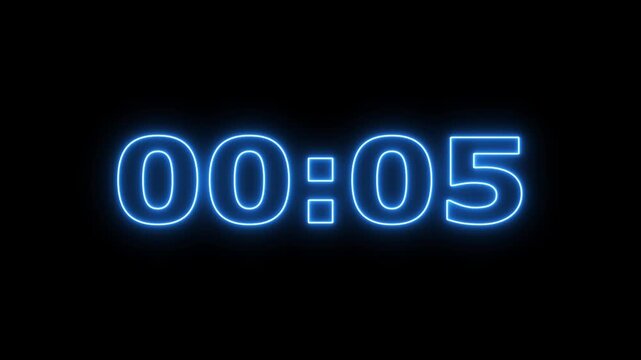 glowing neon 1 minute Countdown timer. neon 0 to 1 minute Countdown timer on black background. Blue neon digital timer counts seconds from 0 to 60.