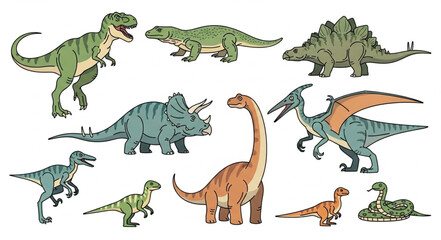 Collection of various dinosaur illustrations on a white background. © na