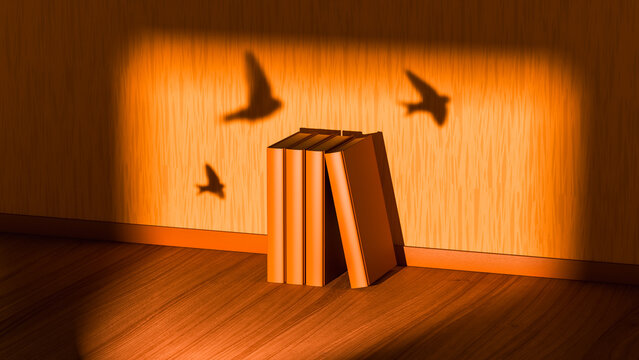 Imagination and escape with book and bird shadows in interior space
