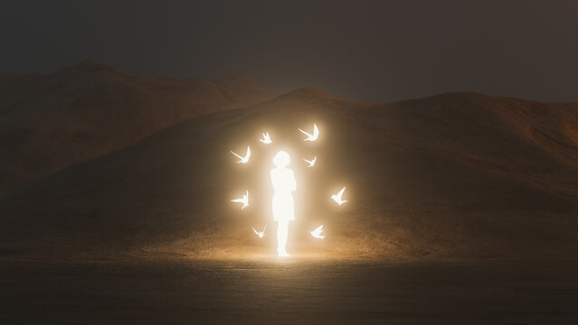 Woman silhouette with birds in a dreamlike scene of growth and light