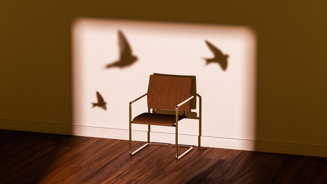 Shadow of birds on wall with chair conveys idea of freedom