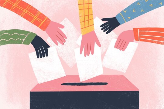 Diverse hands holding voting ballot above election box