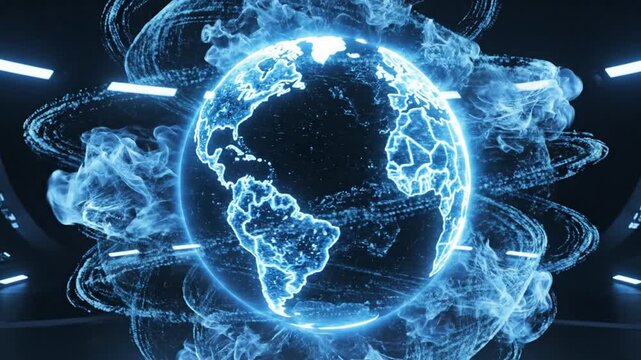 Shimmering blue holographic globe with glowing wireframe continents in a futuristic dark data center