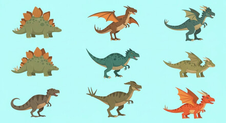 Collection of cartoon dinosaurs and dragons in various poses. © na