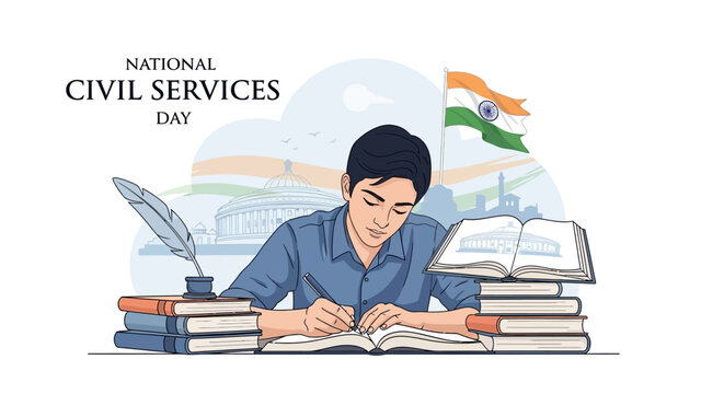 A focused illustration commemorates National Civil Services Day in India, depicting a civil service officer writing with a quill pen on a book-filled desk against an Indian flag backdrop
