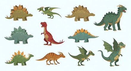 Collection of diverse cartoon dinosaurs and dragons in various poses. © na