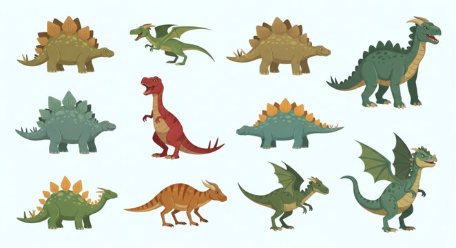 Collection of diverse cartoon dinosaurs and dragons in various poses.
