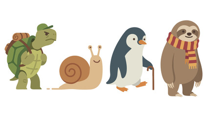 Naklejka premium Cartoon illustration of a turtle with a backpack, a snail, a penguin with a cane, and a sloth with a scarf, representing slow-moving animals.