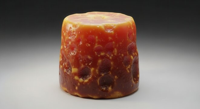 This is an artisanal block of raw sugarcane sugar, showcasing rich texture and warm amber tones