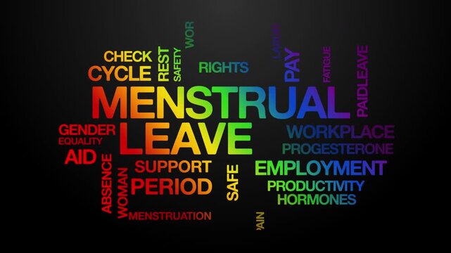 Menstrual leave concept Animated Tag Word Cloud kinetic typography, Text Design Animation typography seamless loop video motion graphics Intro Wordart workplace rainbow type on black background bg bac