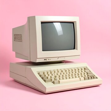A vintage computer with a beige monitor and keyboard on pink