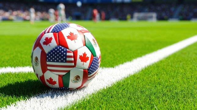 2026 World Cup concept with flags of USA, Canada, and Mexico on a soccer ball. International football tournament and sports competition in North America.