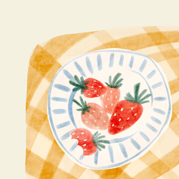 Fresh strawberries on a plate on a table illustration