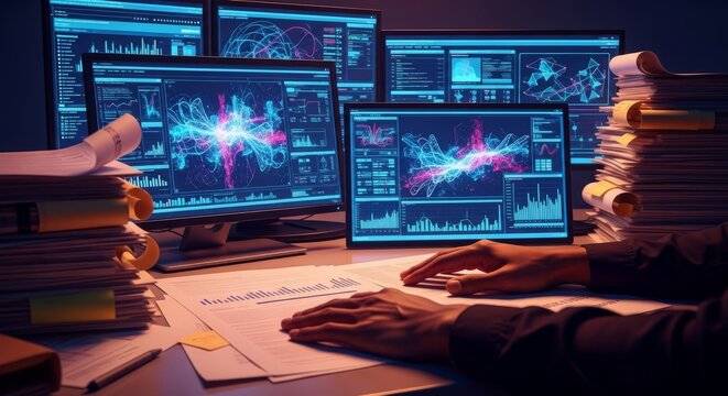 Dark-toned hands rest on a chaotic desk featuring multiple glowing computer screens with complex data charts and messy stacks of paperwork, work, glowing, analytical
