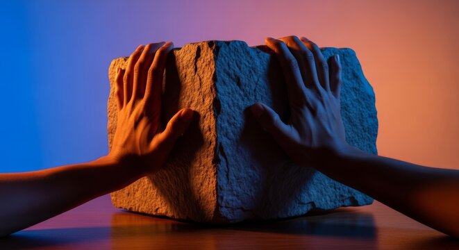 Melanated hands straining beneath a massive stone slab atop a modern office desk representing professional load and extreme pressure, fatigue, exhaustion, struggle