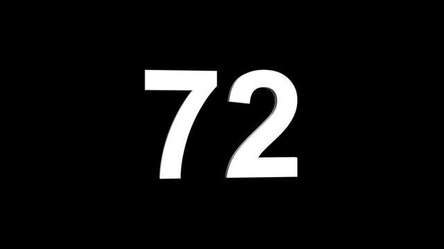 Bold white 3D number 72 illuminated on a black backdrop, ideal for anniversaries, milestones, business achievements, or promotional campaigns. Animated alphabet symbol loop animation.