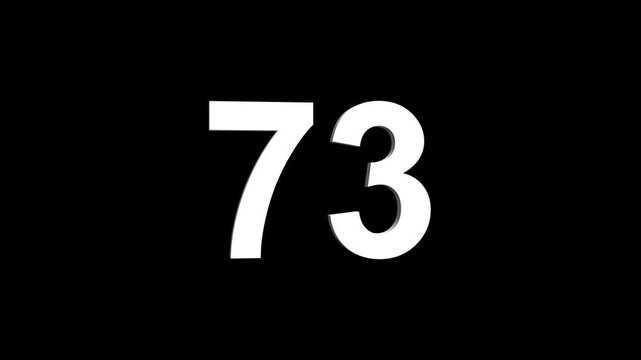 Bold white 3D number 73 illuminated on a black backdrop, ideal for anniversaries, milestones, business achievements, or promotional campaigns. Animated alphabet symbol loop animation.