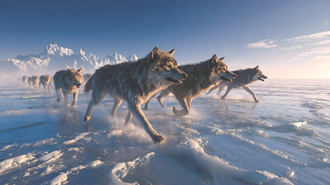 Pack of wolves running across snowy Arctic landscape at sunrise