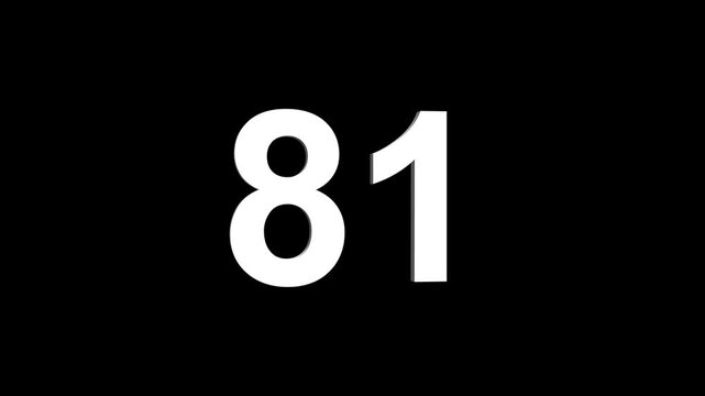 Bold white 3D number 81 illuminated on a black backdrop, ideal for anniversaries, milestones, business achievements, or promotional campaigns. Animated alphabet symbol loop animation.