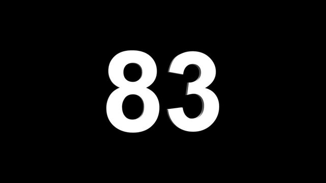 Bold white 3D number 83 illuminated on a black backdrop, ideal for anniversaries, milestones, business achievements, or promotional campaigns. Animated alphabet symbol loop animation.