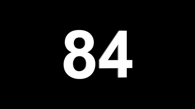 Bold white 3D number 84 illuminated on a black backdrop, ideal for anniversaries, milestones, business achievements, or promotional campaigns. Animated alphabet symbol loop animation.