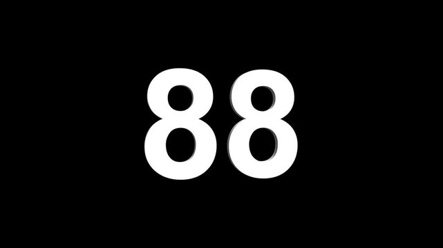 Bold white 3D number 88 illuminated on a black backdrop, ideal for anniversaries, milestones, business achievements, or promotional campaigns. Animated alphabet symbol loop animation.