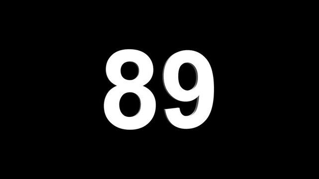 Bold white 3D number 89 illuminated on a black backdrop, ideal for anniversaries, milestones, business achievements, or promotional campaigns. Animated alphabet symbol loop animation.