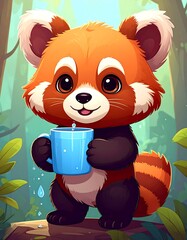 Fototapeta premium Animated illustration of a cute red panda holding a blue mug, water droplets falling, set in a bright green forest scene