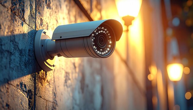 CCTV Security Camera on Wall Monitoring Street at Night Lighting