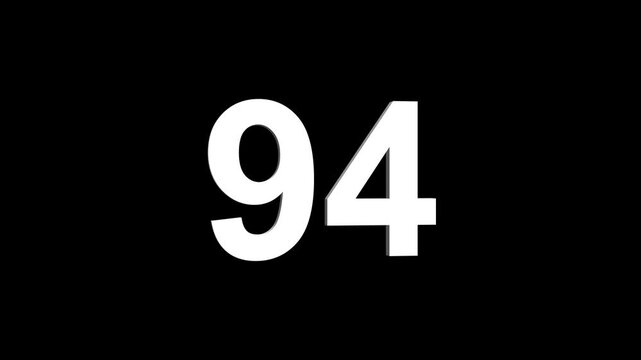 Bold white 3D number 94 illuminated on a black backdrop, ideal for anniversaries, milestones, business achievements, or promotional campaigns. Animated alphabet symbol loop animation.