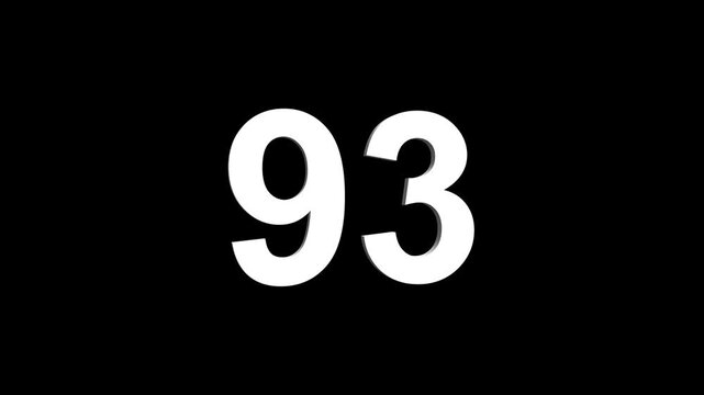 Bold white 3D number 93 illuminated on a black backdrop, ideal for anniversaries, milestones, business achievements, or promotional campaigns. Animated alphabet symbol loop animation.