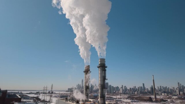 Smoke stacks at a power staiton near Toronto release white cloud into the sky