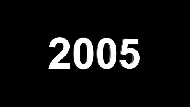 Bright white 3D number 2005 text animation floating against a deep black void offering a vibrant and modern visual for the year with a sense of digital energy. 