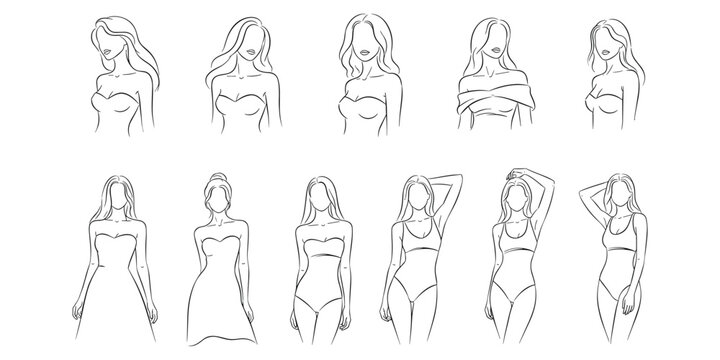 Collection of line art female fashion figures in various poses and outfits for fashion illustration.