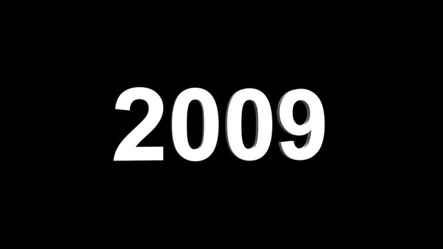 Bright white 3D number 2009 text animation floating against a deep black void offering a vibrant and modern visual for the year with a sense of digital energy. 