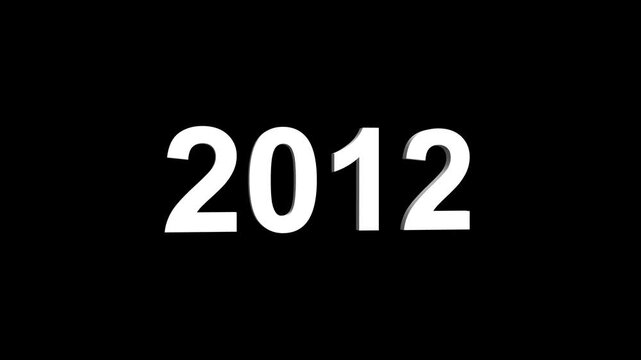 Bright white 3D number 2012 text animation floating against a deep black void offering a vibrant and modern visual for the year with a sense of digital energy. 