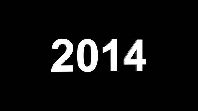 Bright white 3D number 2014 text animation floating against a deep black void offering a vibrant and modern visual for the year with a sense of digital energy. 